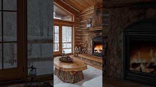 Warm log cabin living room with stone fireplace, rustic wood table, and snowy forest view.
