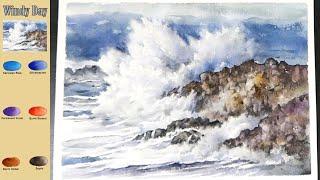 Without sketch  Landscape watercolor-  Windy day (waves) (color mixing view) NAMIL ART