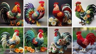 FANTASTIC HEN ROSTER CHICK  MULTICOLOR CROCHET THREAD WOOL MADE DESIGNS IDEAS  - KLMNO ART