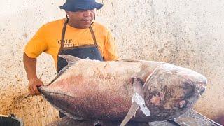 30 KG GIANT TREVALLY FISH CUTTING TECHNIQUES || TRADITIONAL INDONESIA FISH MARKET