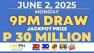 [LIVE] PCSO Lotto Result Today 9PM Draw June 2, 2025 - Ez2 Result and Swertres Result