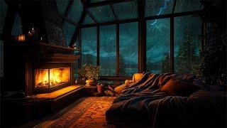 Cozy Living Room  | Thunderstorm & Warm Fireplace | Deep Sleep, Study, and Relaxation Sounds