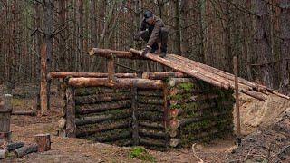 Dugout shelter, Warm cabin with stove, Place for camp, Autumn - Winter