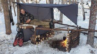 Winter Camping in Raised Bushcraft Shelter - Level 100 Campfire Cooking