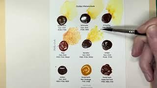 Swatching lots of Quin Gold watercolour paints: Schmincke, Daniel Smith, Michael Harding, Rosa etc.