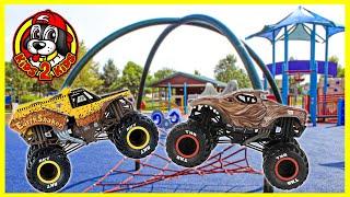 Monster Jam & Hot Wheels Monster Trucks Toys PLAY at the Park, Dinosaur Museum, Zoo & Petting Farm