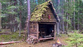 I have built a warm two stored  shelter to survive in a wild forest. Cooking over a fire. Bushcraft