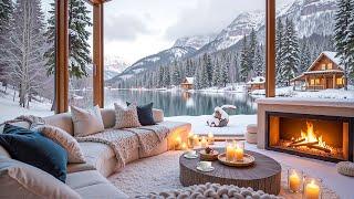 Tranquil Winter Cabin by the Lake  Relaxing Jazz Music, Snowy Ambience & Fireplace to Stress Relief