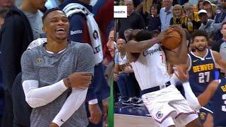 Russell Westbrook jokes with James Harden after his flop to win the game 