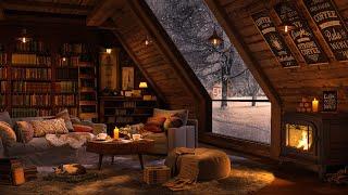 4K Warm Jazz Music & Cozy Bookstore Ambience with Winter Background Jazz for Study, Work