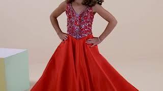 Red Girls Long Beaded Satin Dress by Tiffany Princess 13629