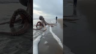 Giant Octopus Crawls Ashore—Tourists Almost Step on Its Tentacles! #OctopusOnTheBeach,#WildEncounter