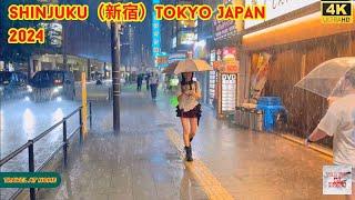 4k hdr japan travel 2024 | Heavy Rain Walk in Shinjuku（新宿）Tokyo  |  Relaxing Natural City ambience