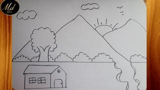 How to draw Scenery of Summer Season | Indian Village scenery drawing | Prakritik drishya drawing