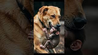 Pity monkey in dog's mouth #pity #baby #monkey