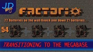 Factorio 0 16 Transitioning to the MEGABASE EP54 22 Batteries on the wall Knock one down 21 batter..