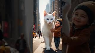 A giant blue eyed white cat walking along the streets of New York