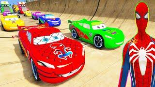 SPIDERMAN McQueen Vs Disney CARS RAINBOW RAMP Challenge ! SUPERHEROES HULK MACK Truck RACE - GTA V