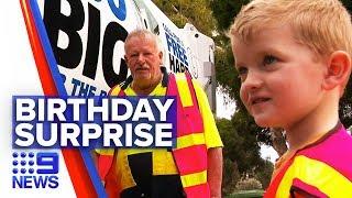 Young boy’s garbage truck birthday wish | Nine News Australia