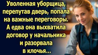 Уволенная уборщица, перепутав дверь, попала на важные переговоры. А едва она выхватила договор…