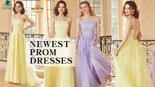 ZAPAKA Gorgeous Yellow A Line Spaghetti Straps Long Prom Dress with Appliques