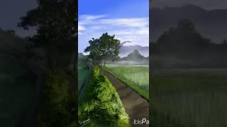 menggambar pemandangan sawah dan gunung di pagi hari | drawing view of fields and mountain