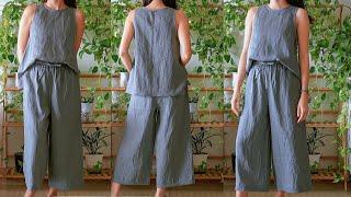 DIY 2PCS Sleeveless Wide Leg Pants Set | 2 Piece Linen Outfits Set