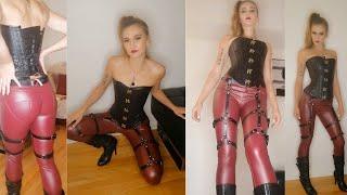 Red Leather Pants, Corset, Leather Leg Harness, and Boots - kyrarosiexo