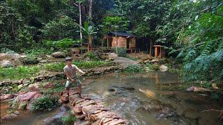 2 years living in forest build pond raise school of carp, Harvesting & catching fish after 1 year