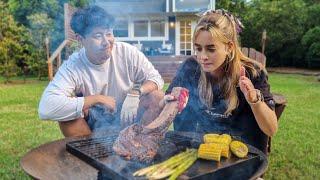 GIGANTIC JUICY Grilled Tomahawk First Time Outside In The Nature | Outdoor MUKBANG AMWF Couple VLOG