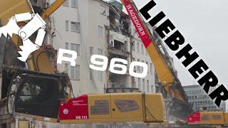 Liebherr R960 high reach ️  demolition excavator tearing down historic building downtown 4K/60fps