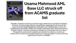 Usama Mehmood AML Base banned by ACAMS and stuuck off from the ACAMS graduate list