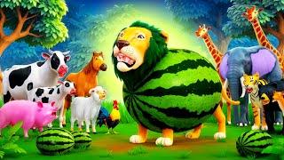 Watermelon Lion Attack!  Epic Battle Against Farm Animals - Can They Survive the Wild Encounter?