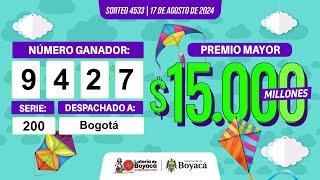 Premio Mayor | Lotería de Boyacá Sorteo 4533 #CanalTelesantiago 17 de agosto 2024