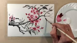 ВЕТКА САКУРЫ акварелью всего 2 цвета. Как ЛЕГКО нарисовать. Watercolor SAKURA BRANCH.HowEASY to draw