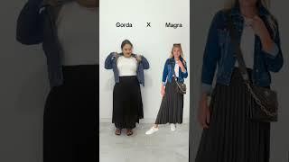 Look plus size com saia plissada e jaqueta jeans #moda #look #plussize