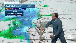 Heavy mountain snow will spread east towards the Plains on Wednesday