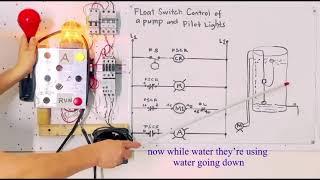 Float switch control a motor pump and pilot lights