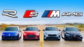 Кто победит в заезде:  новый VW Golf R или BMW M135 или Audi S3 или же AMG A35?