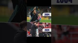 Diego Simeone bids farewell to the Atlético Madrid fans while holding his one year old son Giuliano