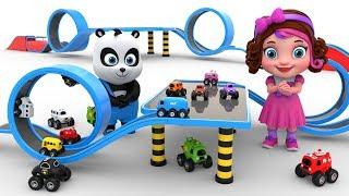 Pinky and Panda Play with Toy Monster Vehicles