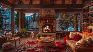 Snowfall by the Window | Crackling Fireplace &  Blizzard Sounds | Feeling Peaceful In The Cabin