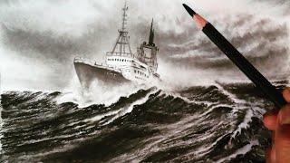 Easy pencil drawing of a ship crashing against the sea waves. Drawing for beginners.