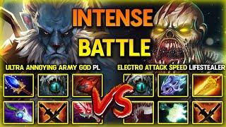 INTENSE HARD CARRY BATTLE | ULTRA ANNOYING ARMY GOD PHANTOM LANCER VS. ELECTRO ATK SPEED LIFESTEALER