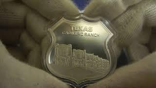 Серебряный слиток-щит Texas Cadillac Ranch, 1 oz Silver - Icons of Route 66 Shield