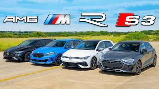 New Audi S3 v BMW M135i v AMG A35 v VW Golf R: DRAG RACE