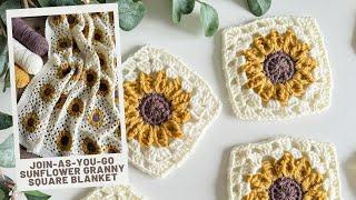 Sunflower Granny Square Blanket JOIN-AS-YOU-GO (JAYG) Joining Technique. Free Crochet pattern