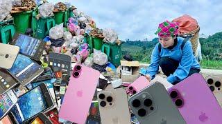 Poor girl picks up scrap: girl picks up a lot of phones at abandoned dump