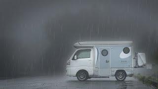 1300m above sea level Rainy car camp | Strong winds and fog at midnight | kei truck camper[SUB]