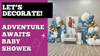 Adventure Awaits Baby Shower Setup - Balloon Backdrop, Centerpieces, and Welcome Sign